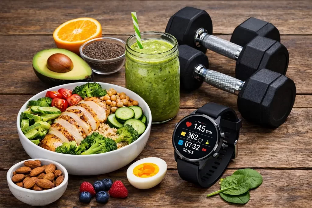 Healthy lifestyle with balanced nutrition meal, smoothie and fitness equipment for personal training in Bromley